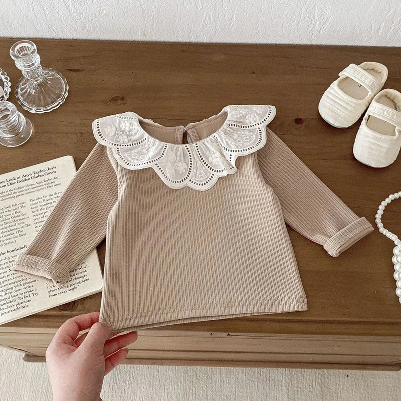 2024 Baby Herbst Kleidung Spitze Kragen Baby Tops Mit Langen Ärmeln Kinder Pullover Infant T Shirt für Mädchen Kleidung Kleinkind Bluse 0-2Y