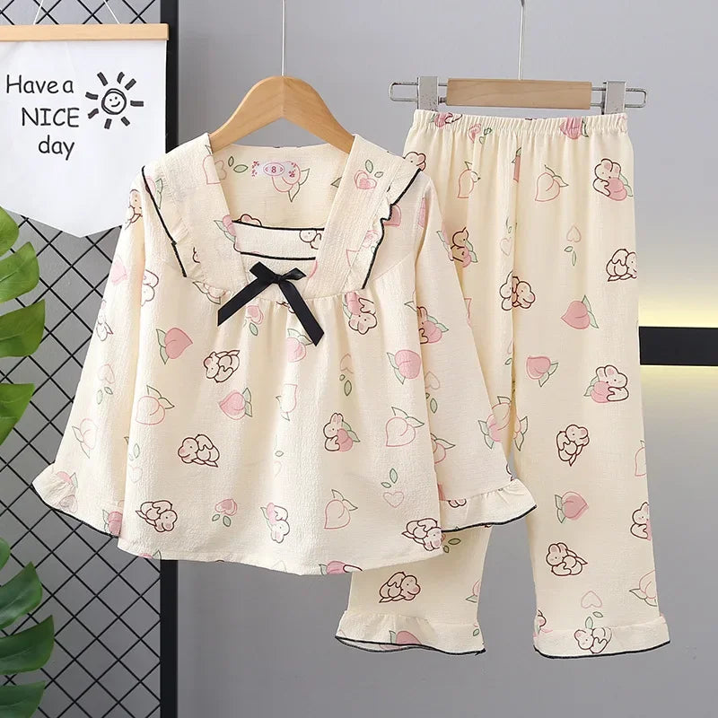 New Girls Cute Bowknot Heart Cartoon Rabbit Pajamas Long Sleeve V-neck Sleepwear Kids Spring Summer Casual Clothing Sets Pyjamas
