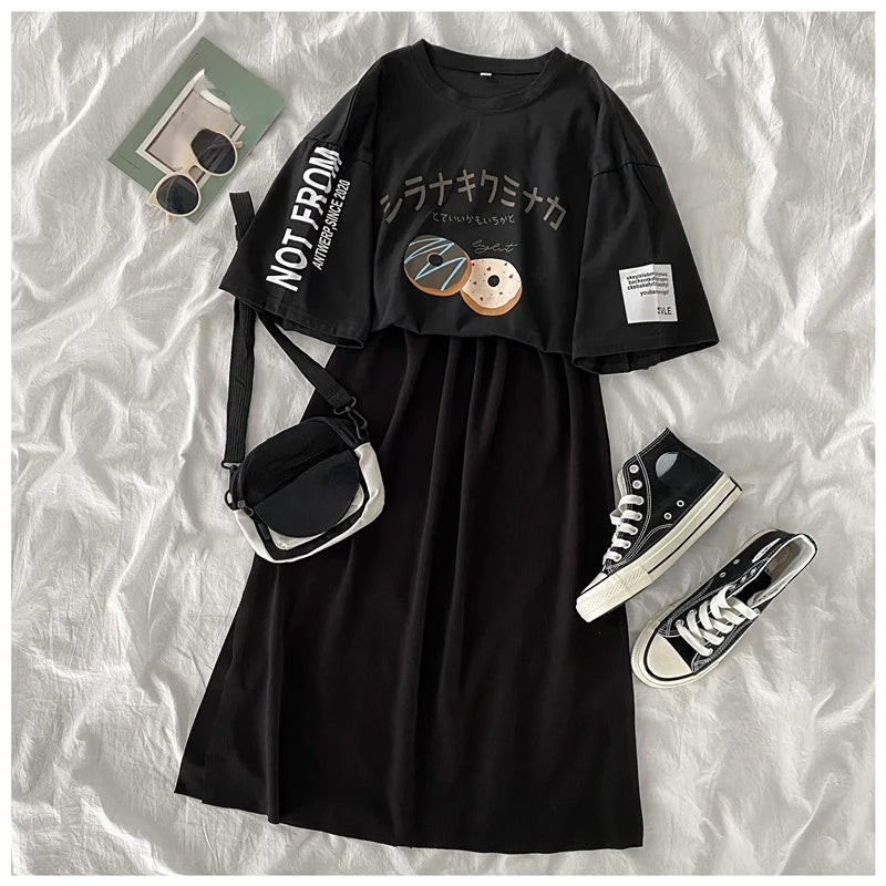 preppy style women Two Piece Set Outfit summer short Sleeve letters Tops & dress suits casual loose t-shirts + skrit woman sets