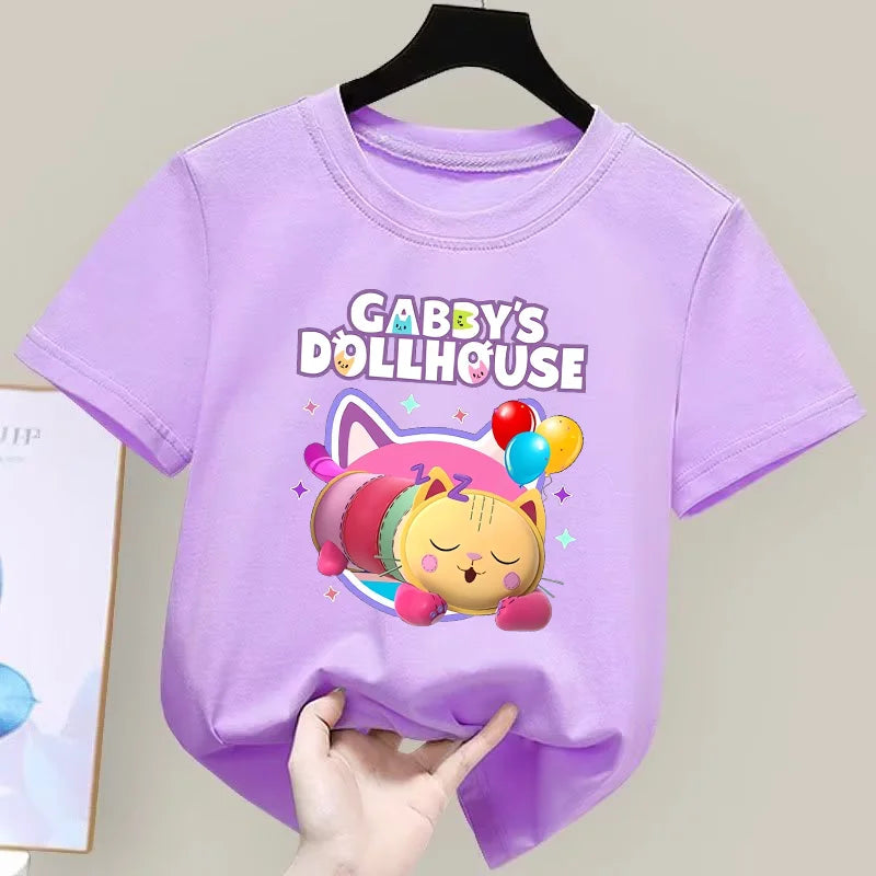 Gabby Dollhouse T-Shirt Anime Print Kleidung Mädchen Niedlich Cartoon Einfache Babykleidung Kind Lila Sommer T-Shirt Kinder Geburtstagsgeschenk