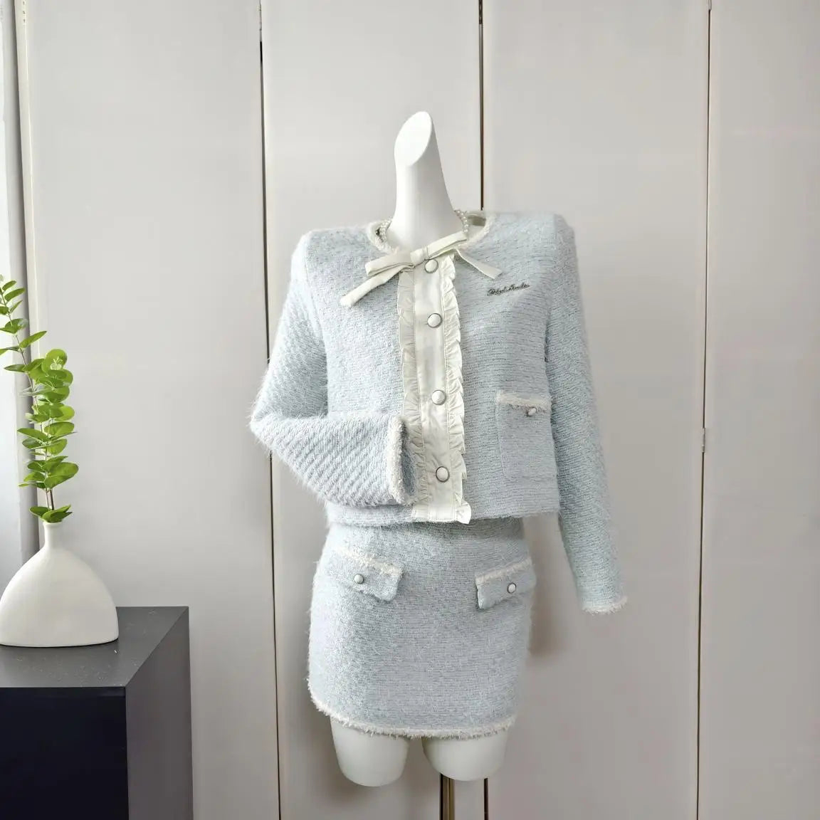 Frauen Elegante Tweed Luxus Anzug Strass Jacke Mantel Und Rock Zwei Stück Set Outfit Winter Pailletten Jacquard Party Kleidung 2023
