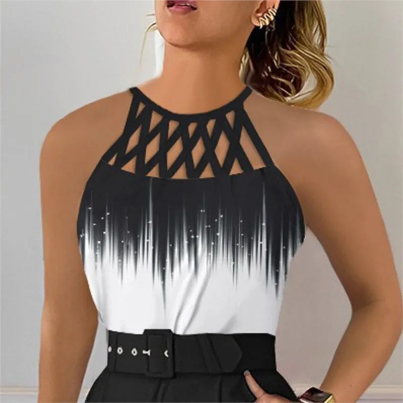 Elegant Women's Two Piece Set Suit Autumn Summer Fashion Print Hollow Out Sleeveless Tops Black Petite Pants Two-piece Set Women