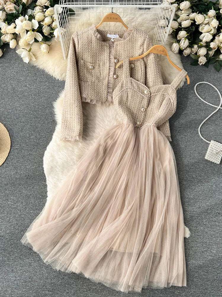 Damen Khaki Zweiteiler Vintage Luxus Kleid mit Langarm Jacke Mäntel Vintage Y2k Kleid Sets Outfits 2000er Kleidung 2024