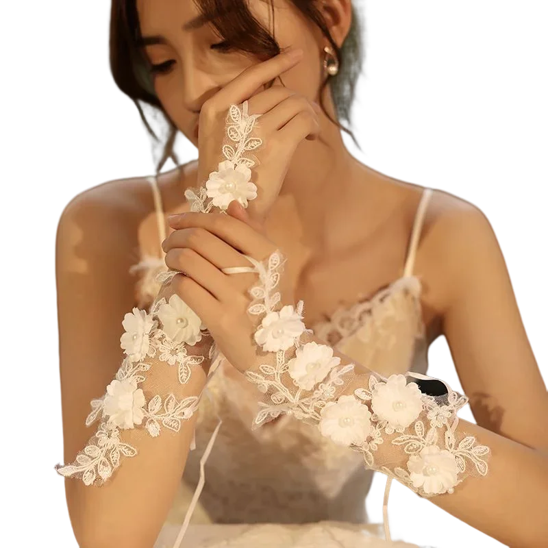 White Lace Short Bridal Gloves Fingerless Handmade Flowers Wedding Accessories Veu De Noiva