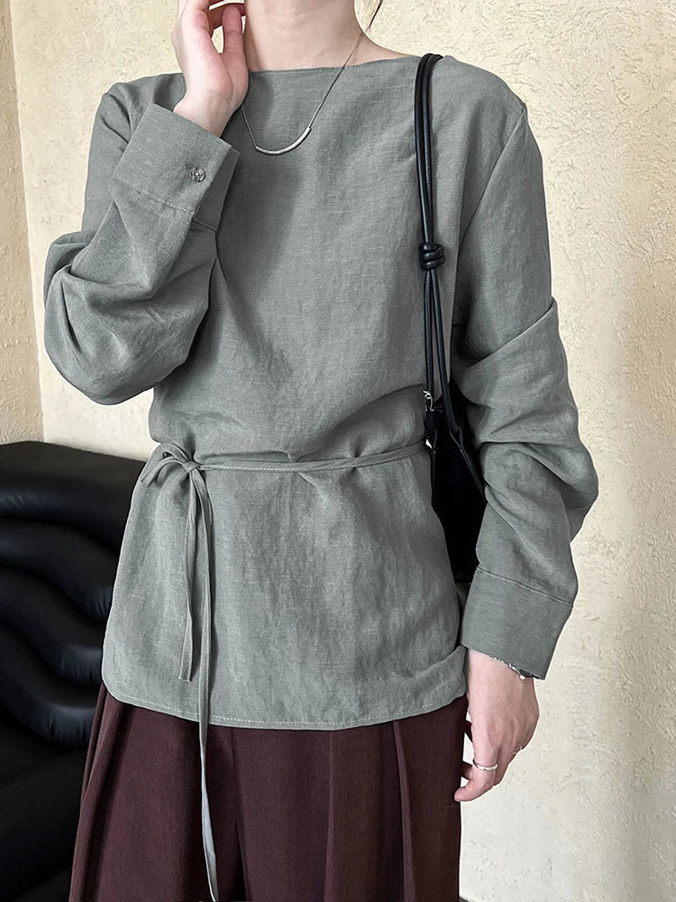 FANAN Women's Shirts Round Neck Lace-up Gathered Waist Long Sleeve Fit Blouses Female Tops Fashion Clothes 2025 Spring New