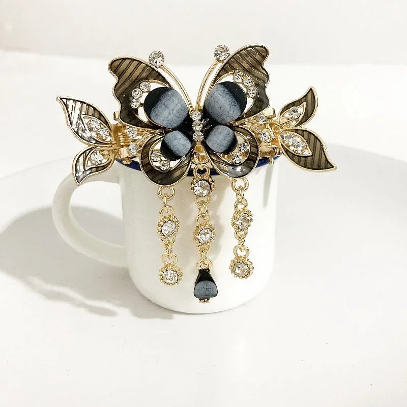 Fashion Zircon Butterfly Tassel Hairpin Accessories for Women Retro Ethnic Style Small Crab Clip Headwear Hair Clips for Girls
