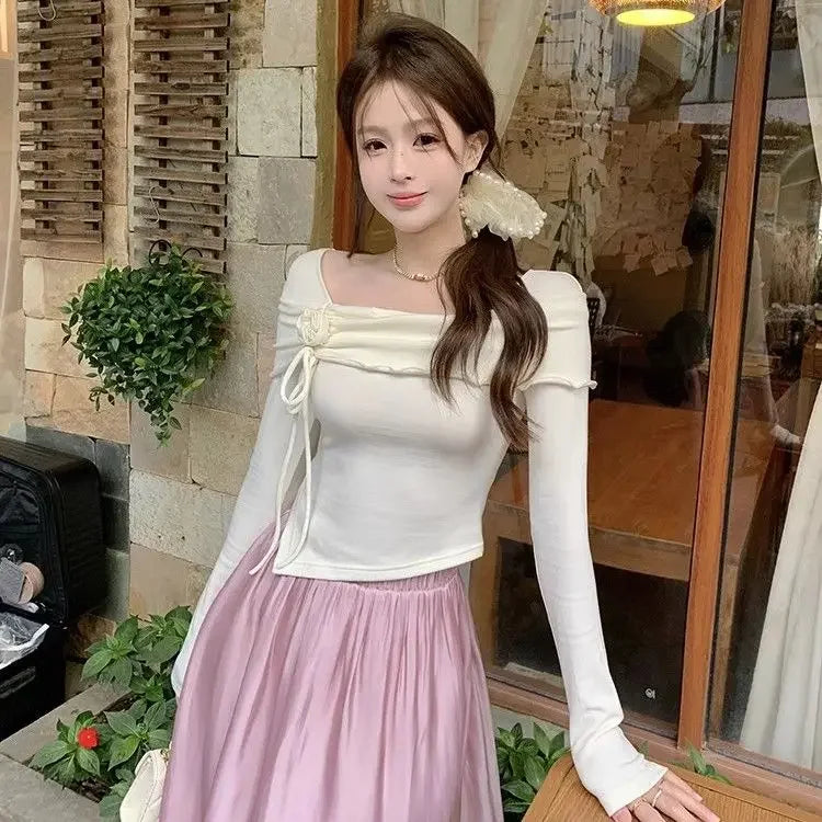 2024 Bow Top T-shirt Gentle and Sweet Short Skirt Set for Women's outfits 3D Rose Slim Elastic Waist A-line Skirt Two-piece Set