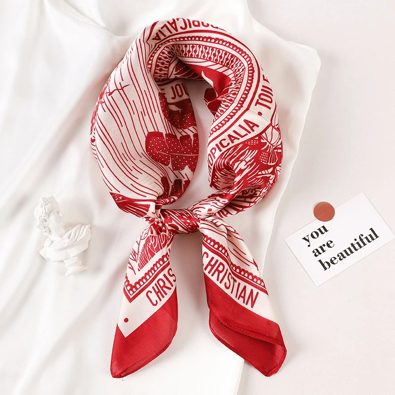 Luxury Brand 2023 Silk Square Scarf Women Cat Neck Hair Tie Band Beach Hijab Kerchief Head Headbands Bandana Female Foulard 70cm