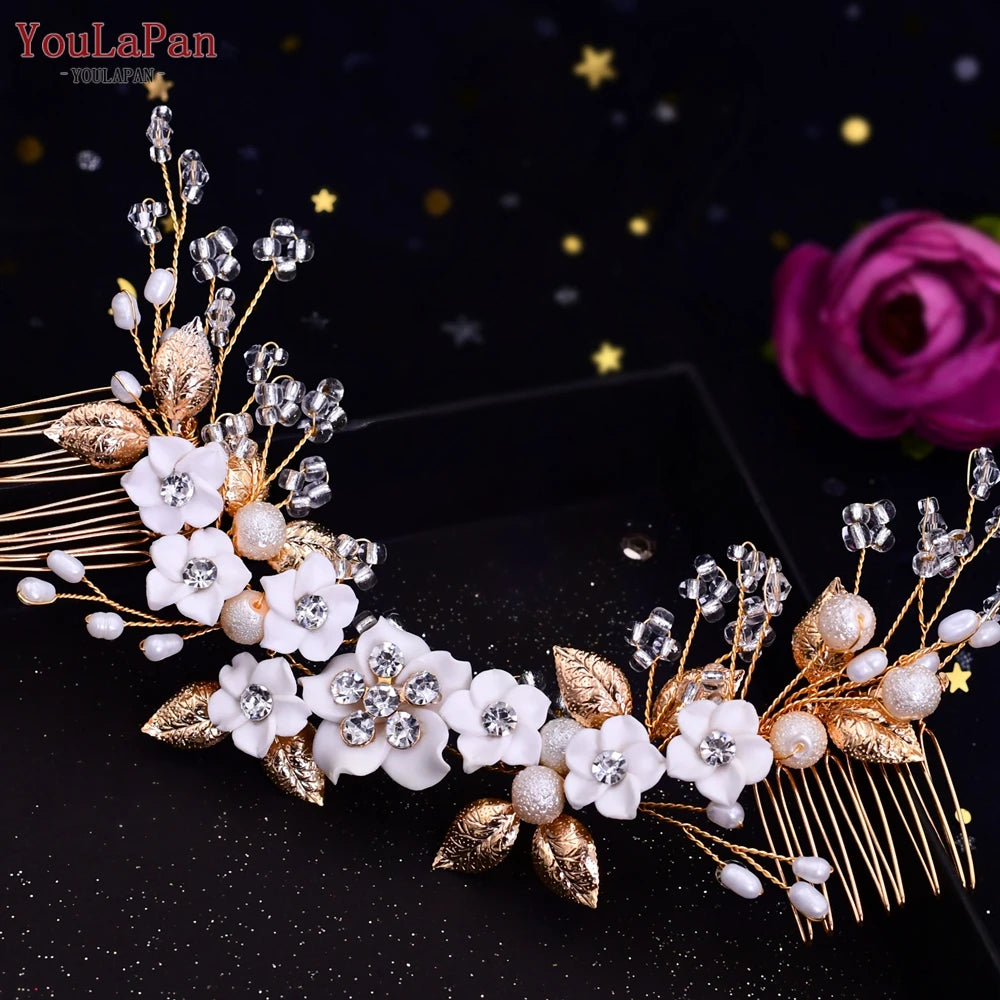 YouLaPan Gold Floral Wedding Hair Comb Bridal Crystal Pearls Headpiece Hair Accessories Bride Jewelry Women Hair Clips HP368
