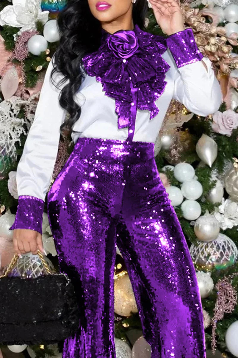 Plus Size White Daily Sequin Ruffle High Collar Long Sleeves Blouses