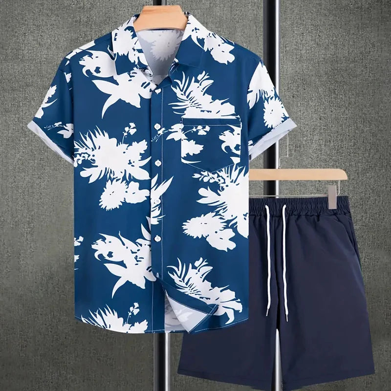 Stylish Lapel Button-Down Shirt Shorts Set Summer Men's Short-Sleeved Shirt Drawstring Shorts 2-Piece 3D Leaf Print Travel Suit mon