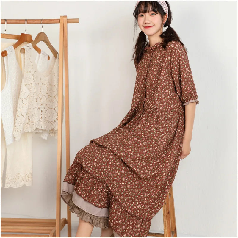 Japanese Fashion Print Dress Pretty Cotton Linen Spring Women New Floral Loose Long-sleeved Dress Midi Vestido de Mujer Clothes clothes