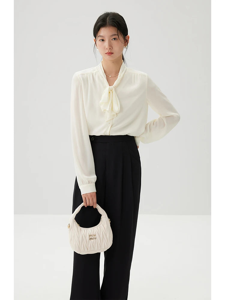 ZIQIAO Petite French Commuter Lace up Long sleeved Chiffon Shirt For Women's 2024 Spring New Draping Style Women Top clothes clothes