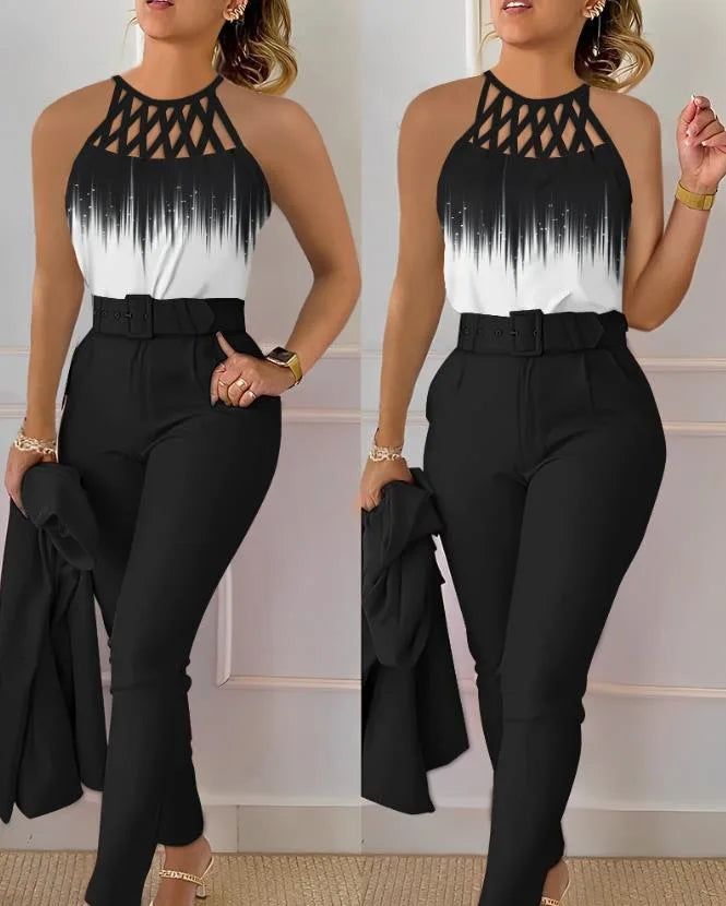 Elegant Women's Two Piece Set Suit Autumn Summer Fashion Print Hollow Out Sleeveless Tops Black Petite Pants Two-piece Set Women