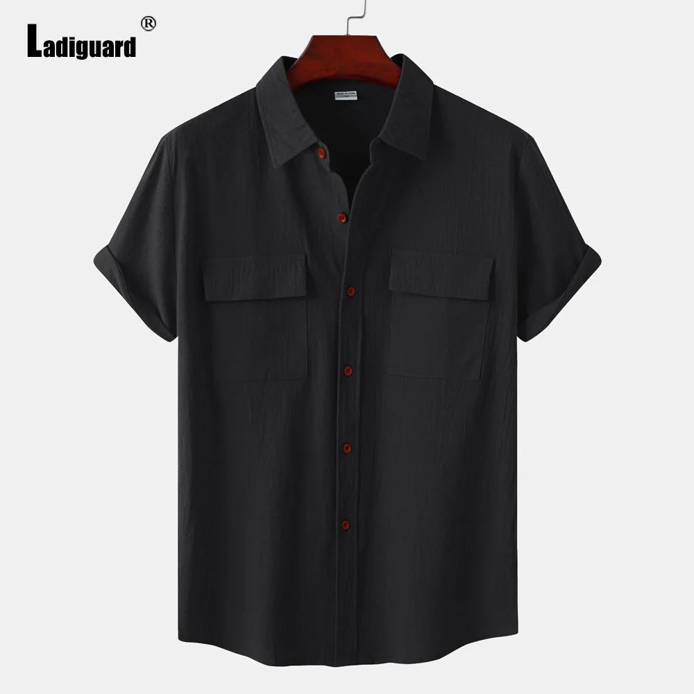 Men Short Sleeve Linen Shirts ,Black Soft Blouse Vintage Casual Stand Pocket Tops mon