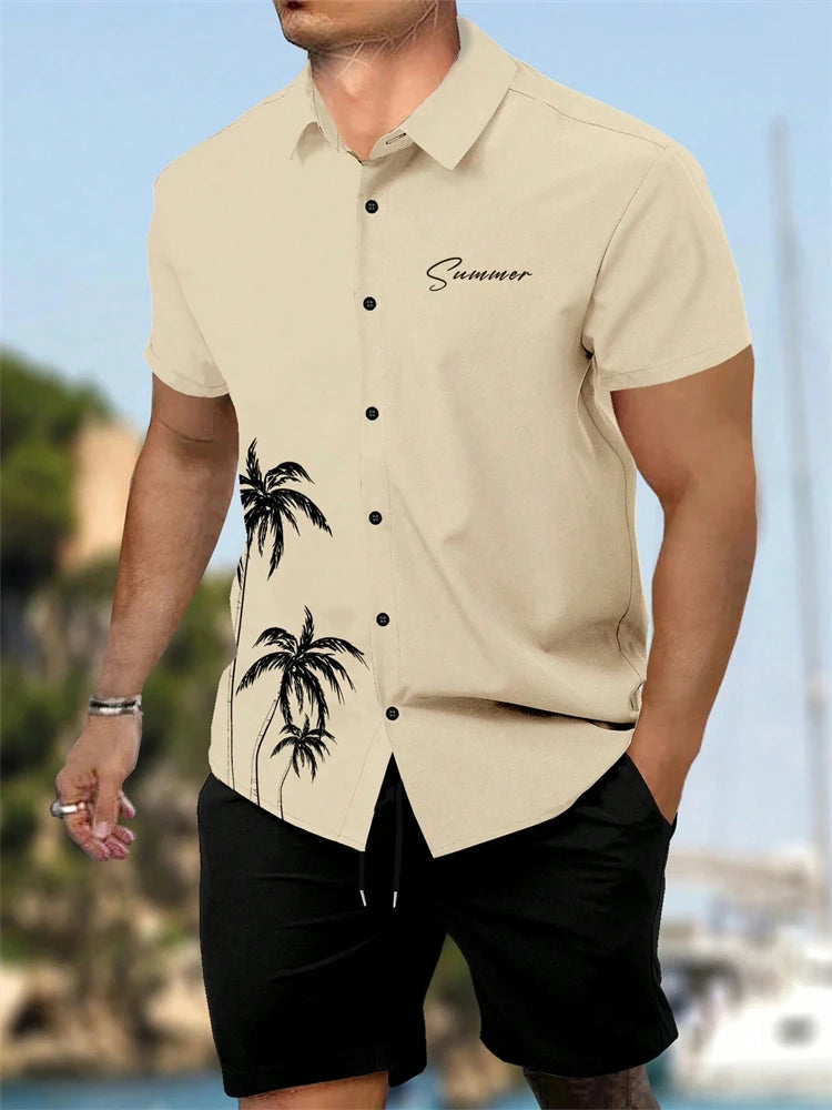 Summer New Men's Short Sleeve Shirt and Shorts 2 Piece Set Fashion Coconut Tree Print Lapel Shirt Beach Drawstring Shorts Set mon
