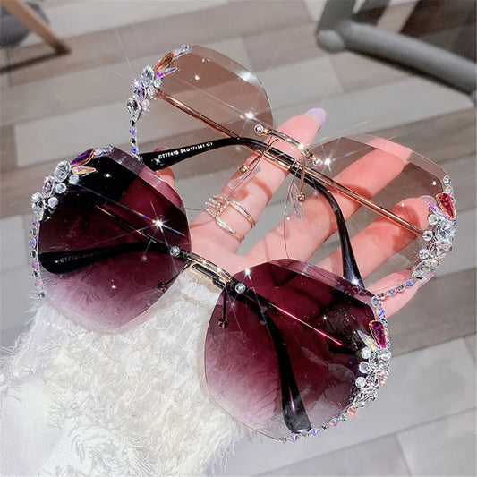 Luxury Brand Design Vintage Rimless Rhinestone Sunglasses Women Men Fashion Gradient Lens Sun Glasses Shades for Female 2025