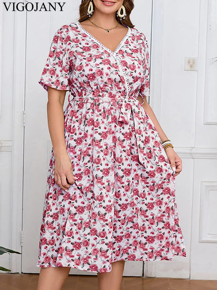 Vigojany 2025 Women Summer Print Plus Size Dress Casual V Neck Short Sleeve Large Big Dress Lady Loose Chubby Curvy Long Dresses