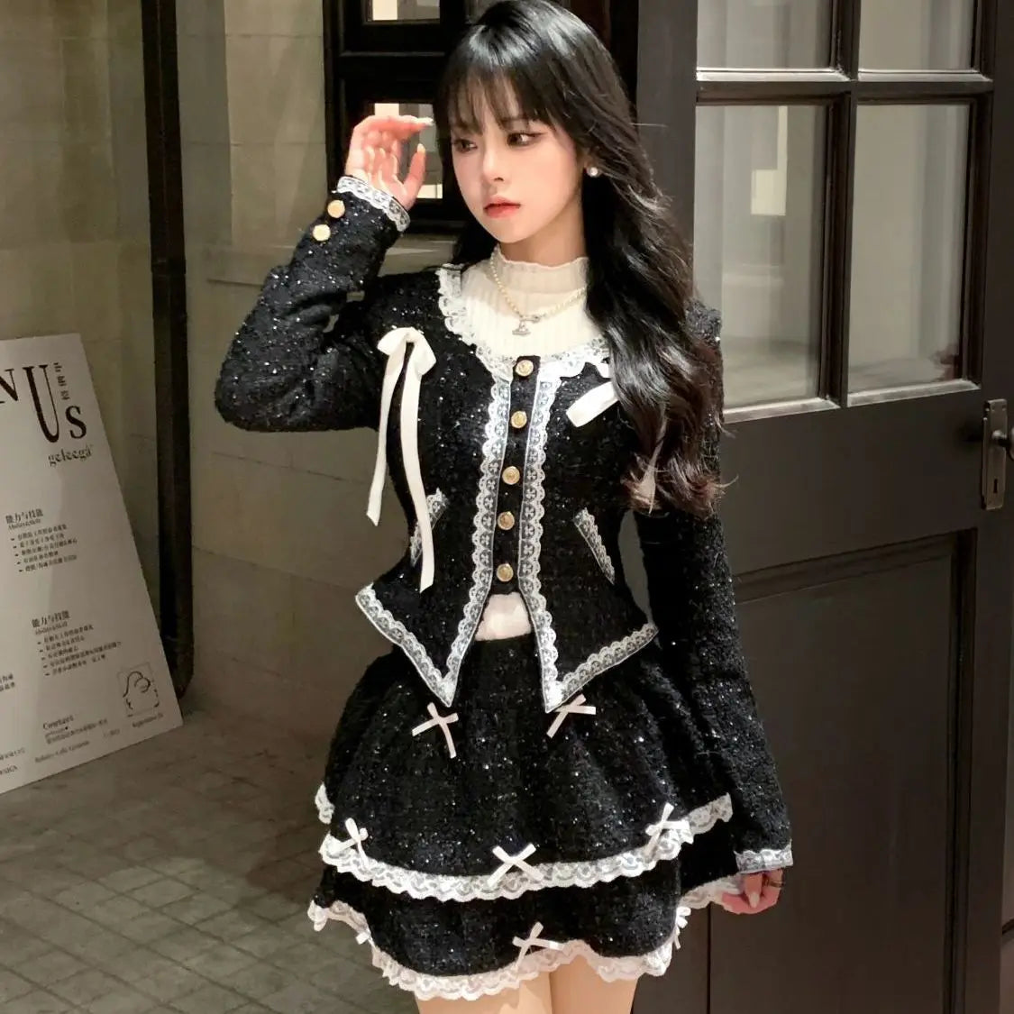 Skirt Outfits Chic Korean Two Piece Set Women Clothing Long Sleeve Tunic Coat A-line High Waist Skirts Suit Lace Bow Sweet Sets