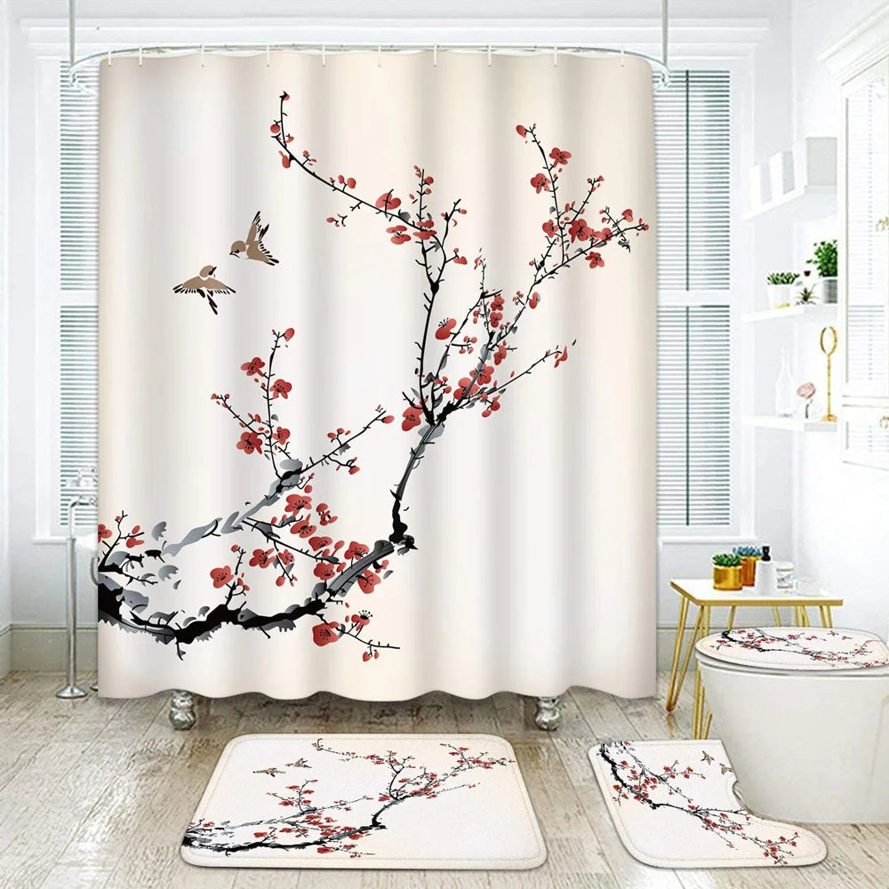 Japanese Cherry Blossom Shower Curtain Set Non-Slip Rug Toilet Lid Cover Bath Mat Spring Sakura Flower Pastoral Bathroom Curtain