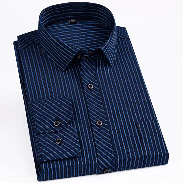 Men's Classic Standard-fit Plaid/striped Social Office Dress Shirt Single Patch Pocket Long Sleeve Formal Business Basic Shirts