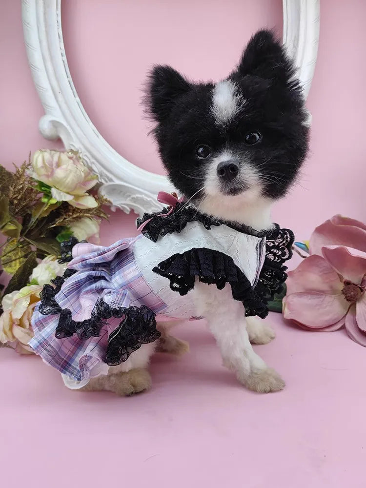 Handmade Dog Clothes Pet Supplies Princess Uniform Style Dress Pink Blue Plaid Daily Walking Apparel Poodle Maltese Chihuahua