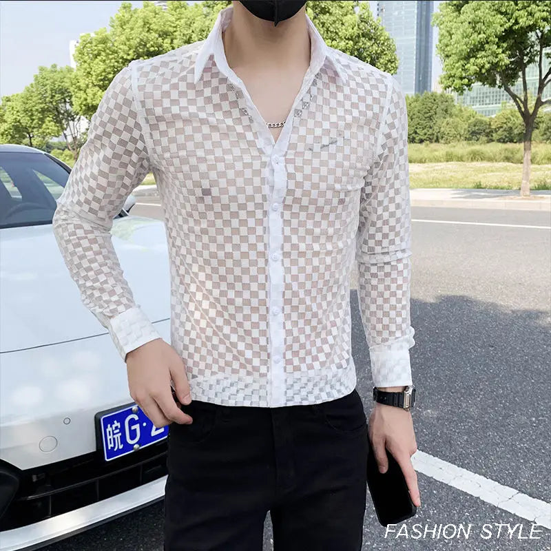 Spring Autumn New Fashion Plaid a Peaked Collar Men's Clothing Shirts Long Sleeve Button Hollow Out Slim Korean Chaopai Blouse