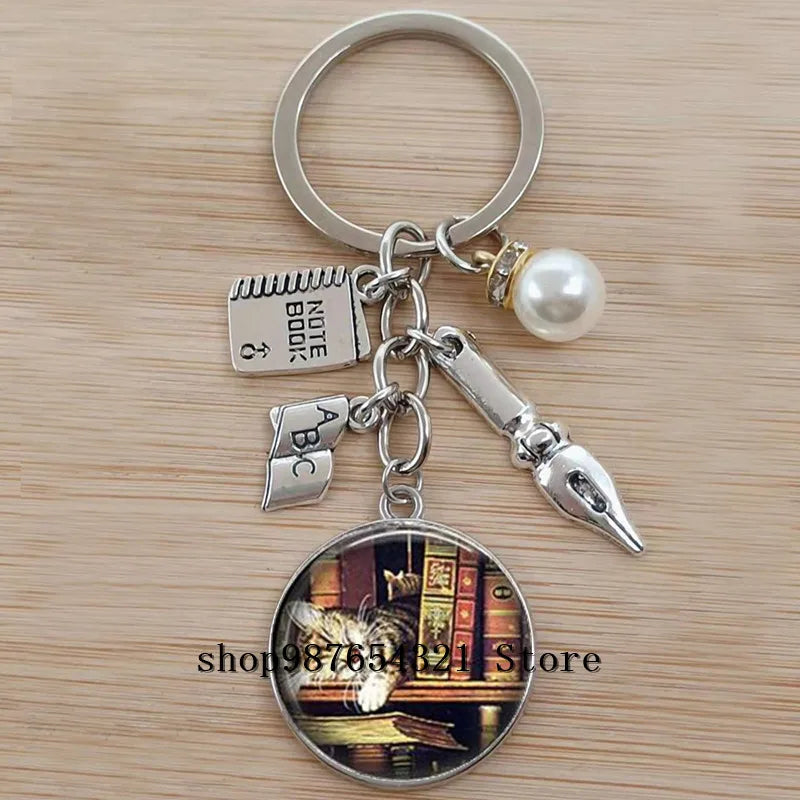 Classic Library Books Keychain Vintage Old Books Key Chain Librarians Key Ring Gift for Nerd Bookworm Writer Teacher