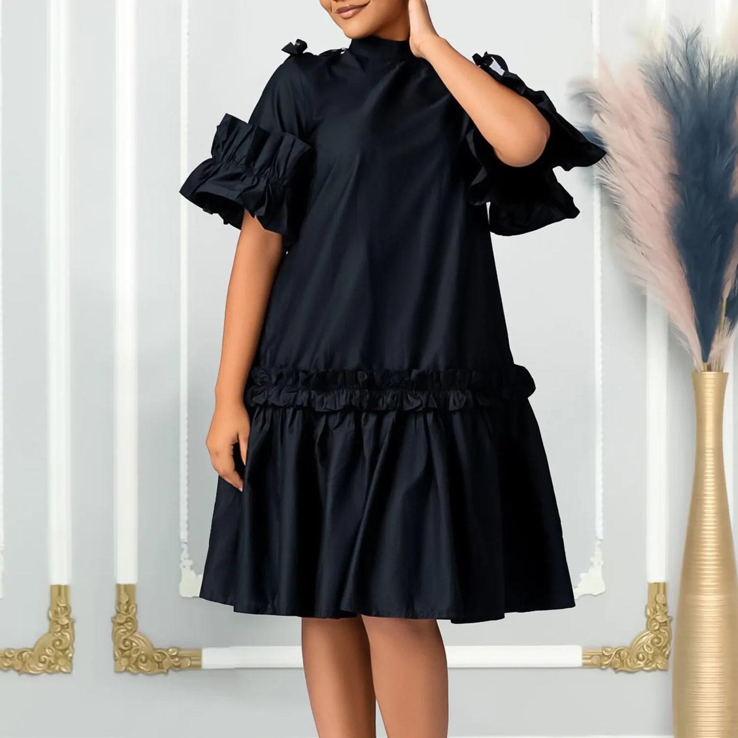 FairyShely Solid 2025 Verge Short Sleeve Plus Size Dress Women Large Loose Big Folds Dresses Lady Summer Party Tight Curvy Dress