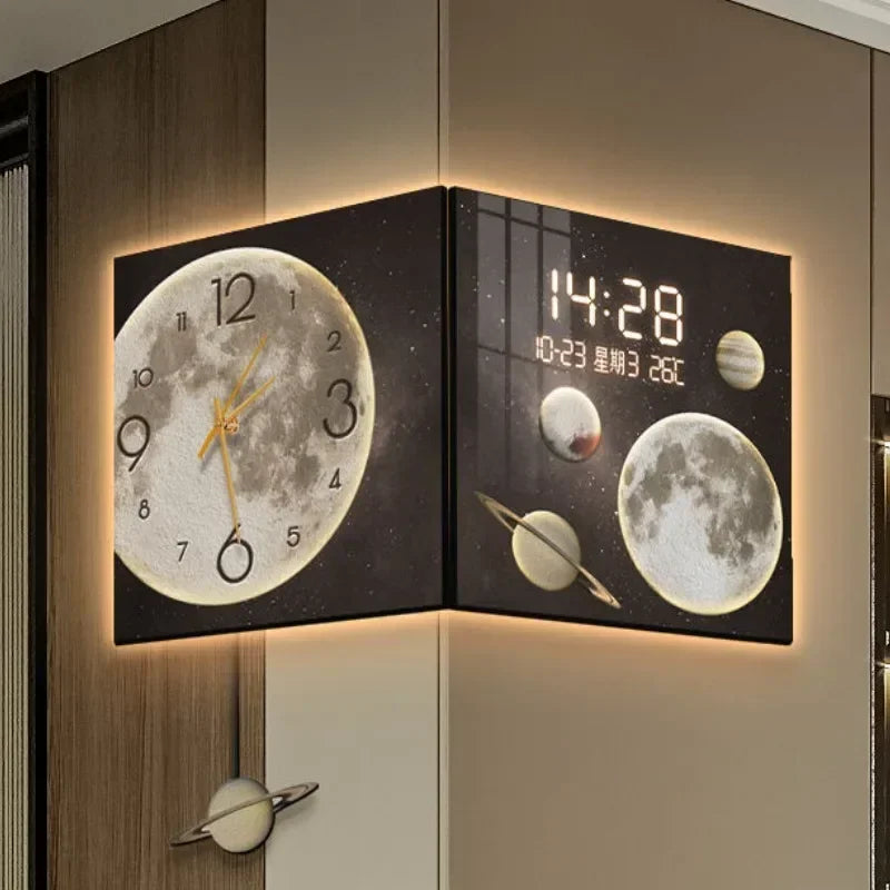 Corner Wall Clock with Light Living Room Digital Watch Mural Wall Clocks Luxury Design Large Pendulum Double-sided Room Decor