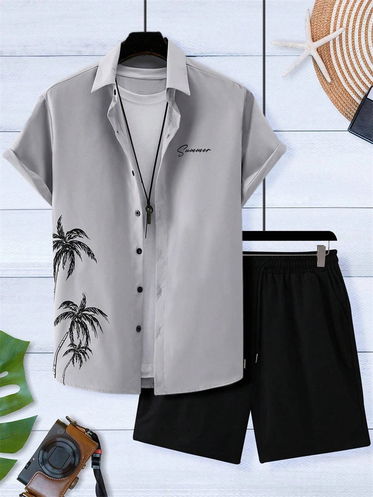 Summer New Men's Short Sleeve Shirt and Shorts 2 Piece Set Fashion Coconut Tree Print Lapel Shirt Beach Drawstring Shorts Set mon