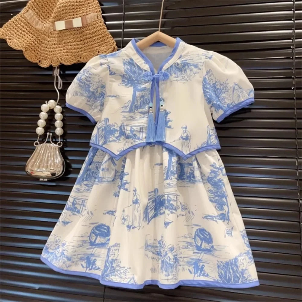 3-7 Years Summer Girls Clothes Set Blue Printed Jacket + Small Suspender Dresses Two-piece Set