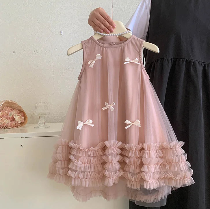 New Baby Summer Girls Pink Bow Mesh Vest Dress, Princess Kids Sweet Fashion Dresses 2-8T