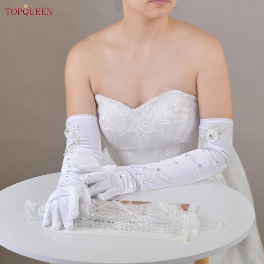 TOPQUEEN Elegant Bridal Gloves Crystal Beaded 3d Pearl Flower Long Gloves Elbow Length Wedding Accessories T24