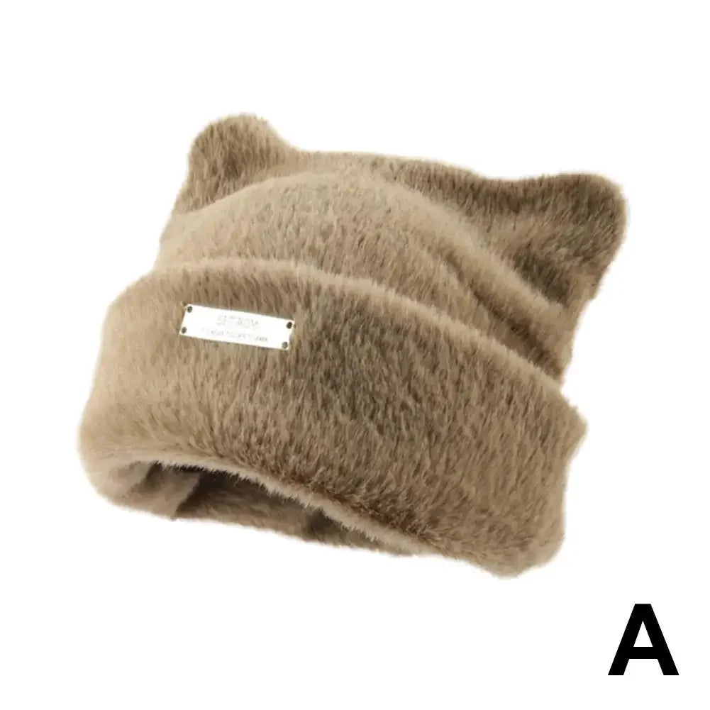 Iron Label Decorative Beanie Hat With Ears Cute Warm Faux Beanie Hat Plush Women Winter Fur Beanie Elastic Knitted Outdoor Z4k0