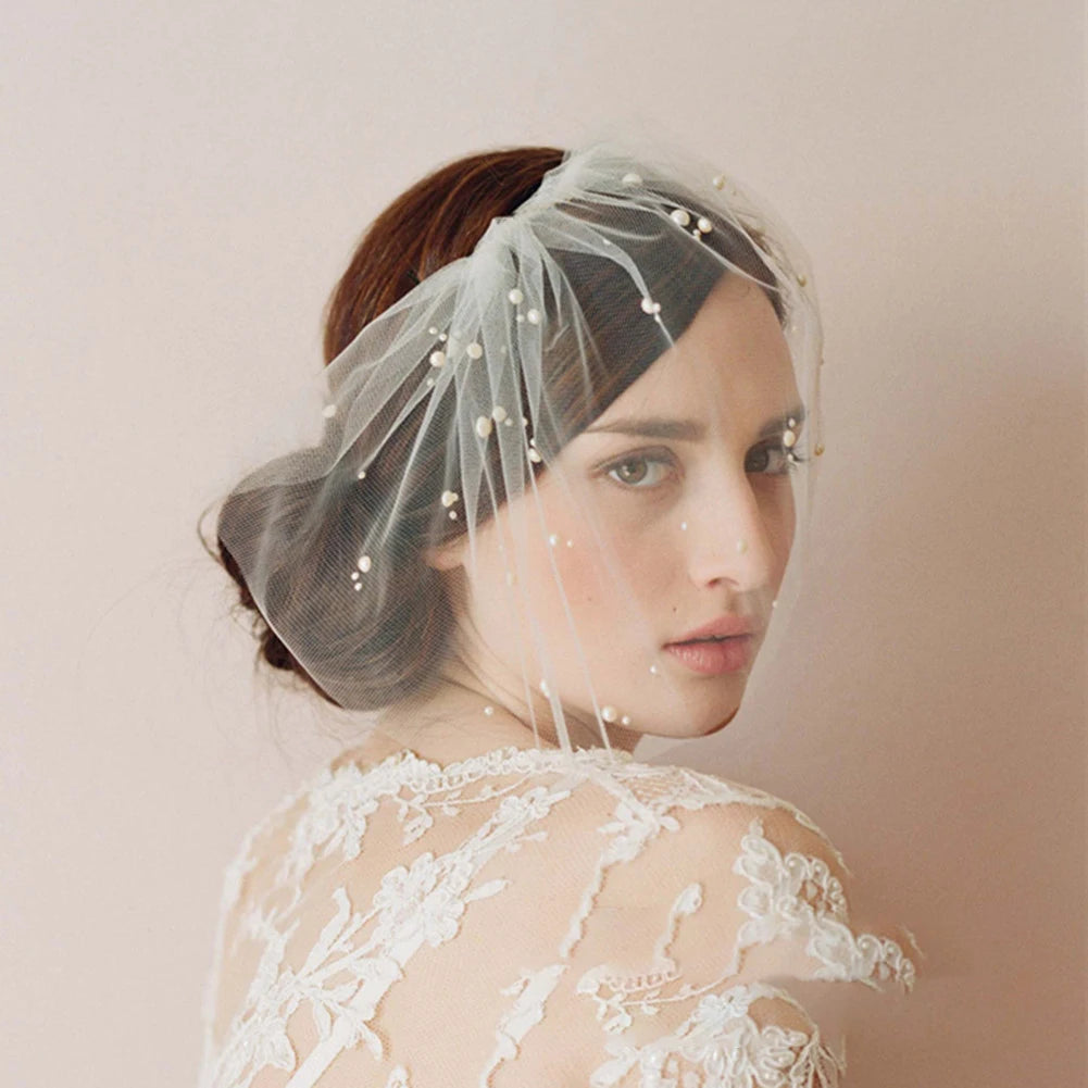 Simple retro pearl embellishment bride wedding dress accessories short travel pat headdress veil hair comb