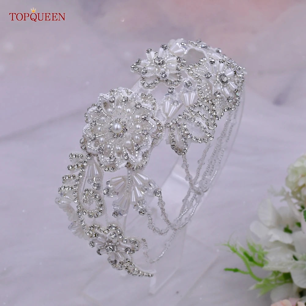 TOPQUEEN S80 Bridal Decorative Waist Belt Wedding Dress Accessories Woman Fashion Sash with Silver Rhinestones Handmade Beaded