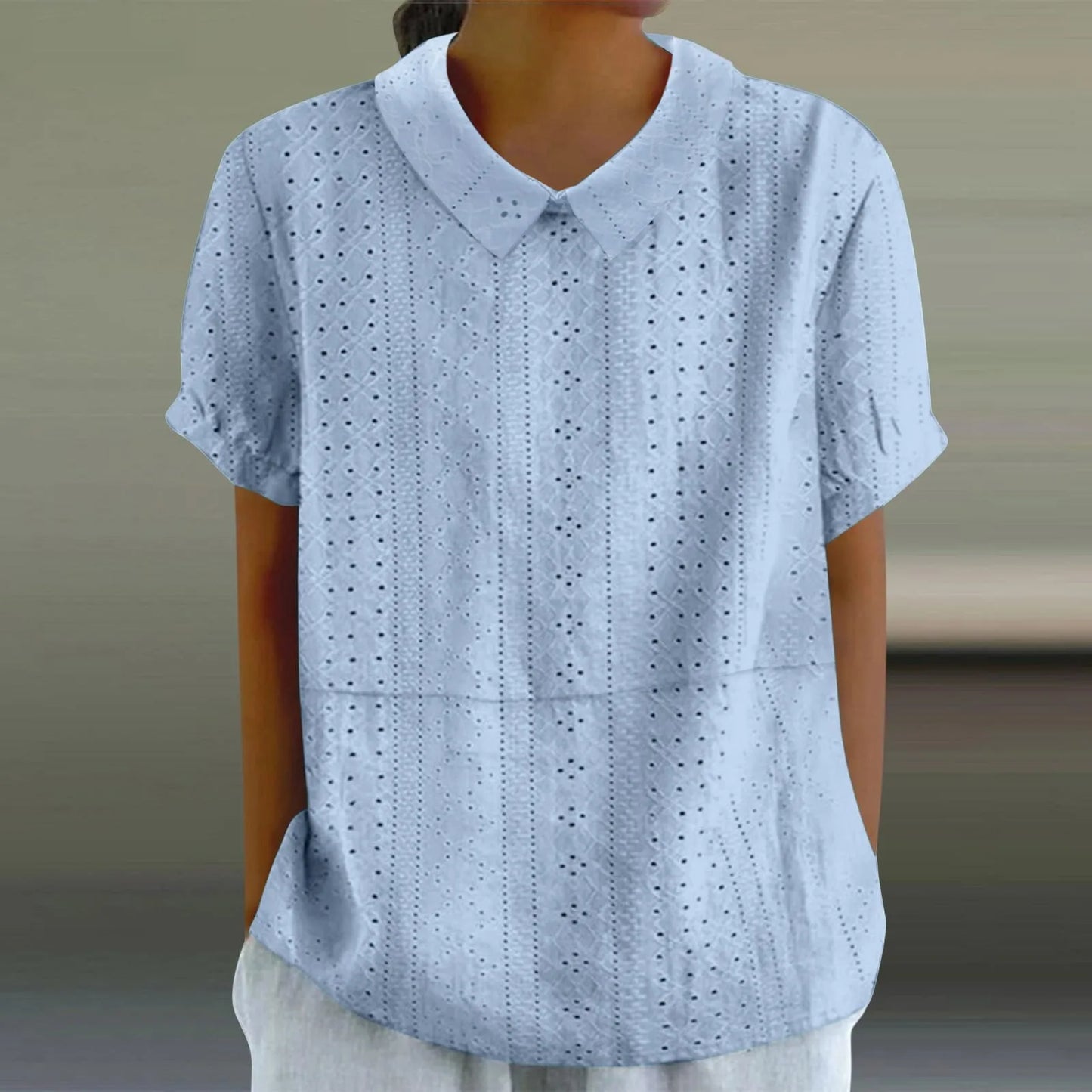 Elegant Hollow Turn-Down Collar Blouse Shirt Top Button Short Sleeve Women Blouse Casual Summer Fashion Female Tops