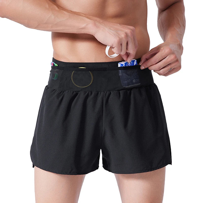 (S-4XL)Men Women Teens Double Layer Quick Dry Marathon Running Sport Shorts with Zipper Pocket Trackless Fitness Training Shorts