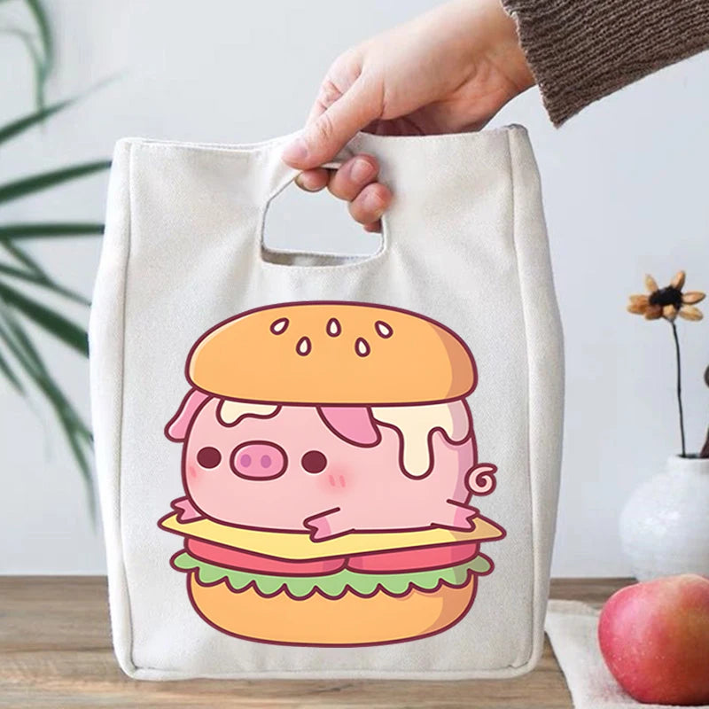 Isolierte Lunchtasche aus Segeltuch mit Hamburger-Schweinchen-Design, für Studenten, süße Tierliebhaber, tragbare Bento-Taschen, wiederverwendbare Lunch-Tragebox für Kinder