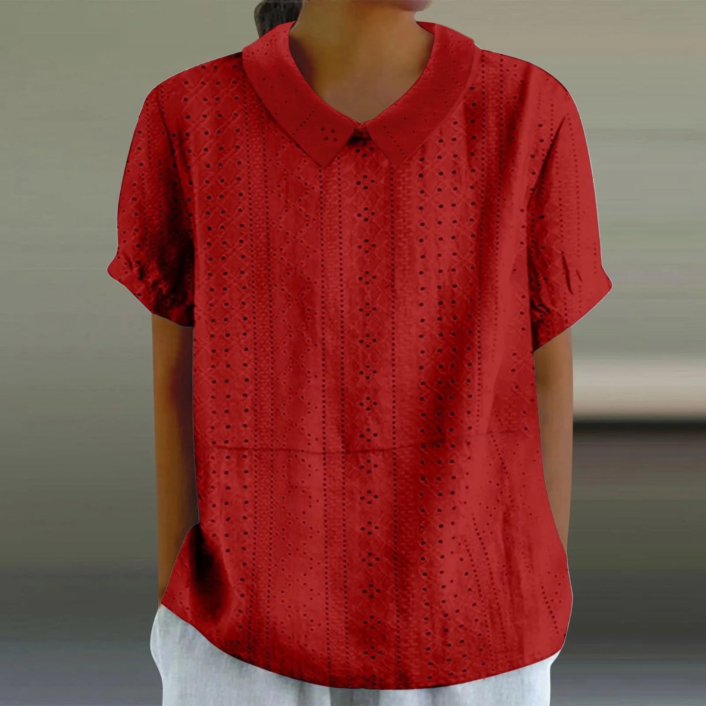 Elegant Hollow Turn-Down Collar Blouse Shirt Top Button Short Sleeve Women Blouse Casual Summer Fashion Female Tops