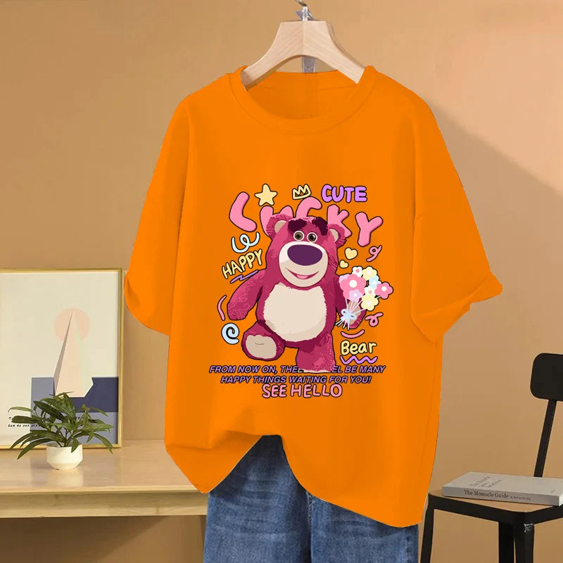 Lotso Bear Cartoon Anime Women T-shirt Summer Short Sleeve Men Tee Shirts 100% Cotton 2025 New Fashion Couple Clothes Tops