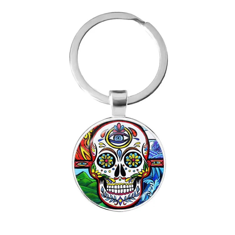 Fashion Colorful Sugar Skull Keychain Mexico Folk Art Patterns Glass Pendant Key Chain Jewelry Holiday Gift