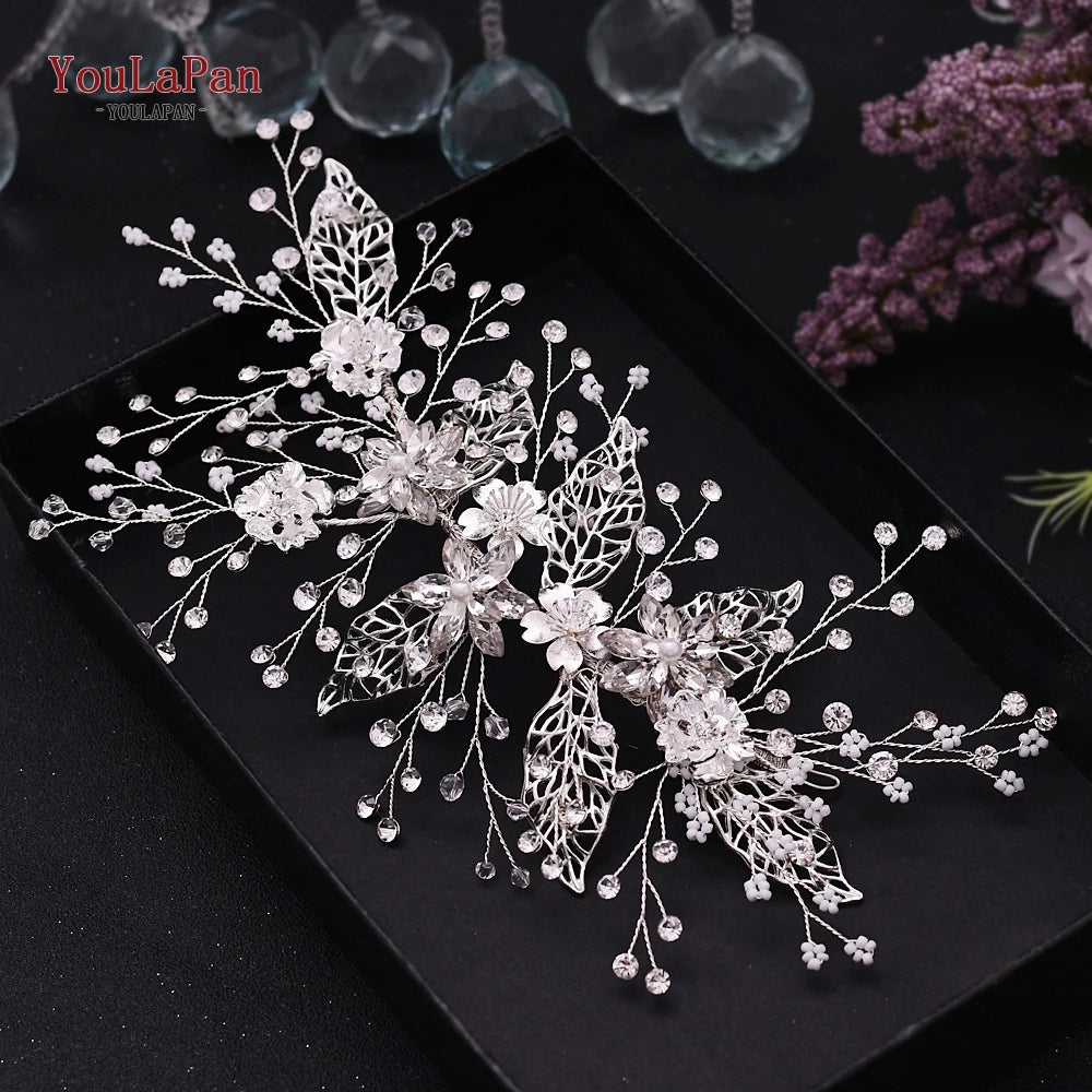 YouLaPan Gold Floral Wedding Hair Comb Bridal Crystal Pearls Headpiece Hair Accessories Bride Jewelry Women Hair Clips HP368