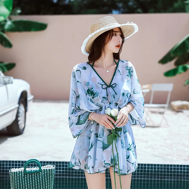 New Matching Swimsuits for Couples Three-Piece Swimwear with Ruffle Beach Cover Ups Print Swim Trunks Shorts Men Bathing Suits