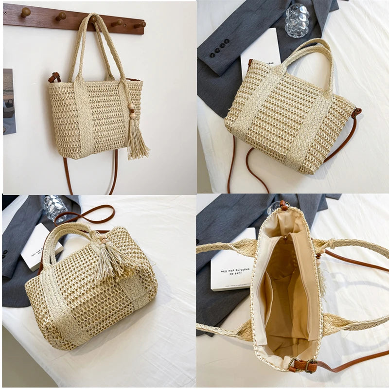 Summer Straw Bag Women Large Capacity Shoulder Messenger Bags Handmade Woven Handbag Bohemia Vacation Rattan Beach Purse 2024