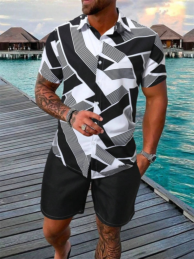 Summer New Men's Short Sleeve Shirt and Shorts 2 Piece Set Fashion Coconut Tree Print Lapel Shirt Beach Drawstring Shorts Set mon