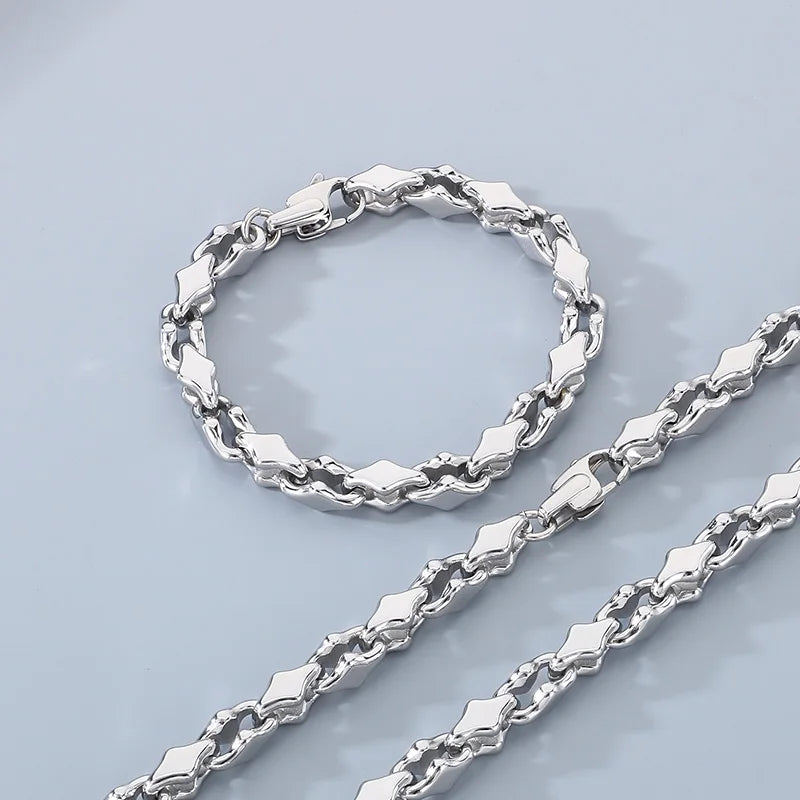 KALEN Vintage Rhombic Chain Bracelet Necklace for Men Women Punk Stainless Steel Jewelry Set Hollowing Chain Accessories Gift