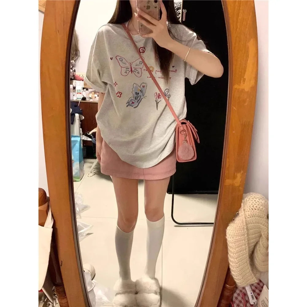 2025 New Arrival clothes Simple Style Women's Summer Loose Casual Round Neck Niche Top T-Shirt Print Butterfly Ladies Clothes T-shirts