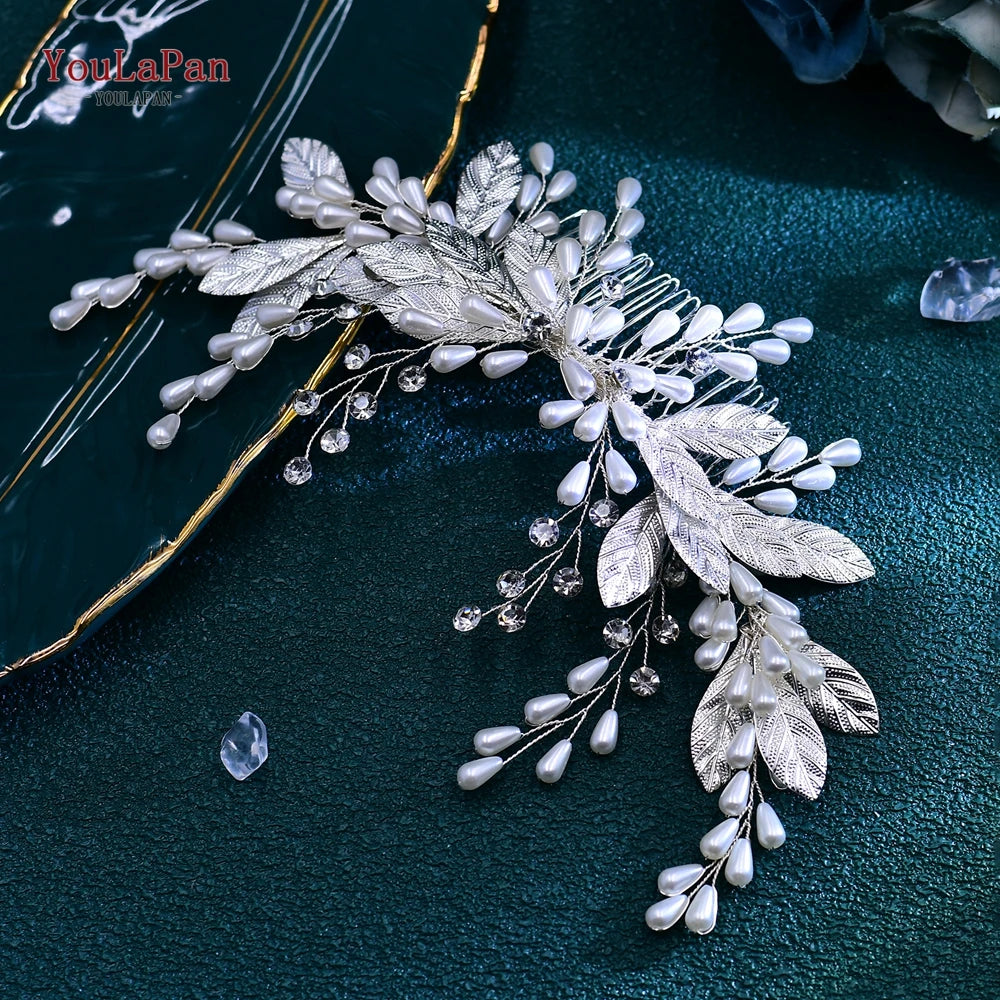 YouLaPan Wedding Headpiece Faux Pearl Headband Bridal Hair Accessories Rhinestone Headdress Alloy Leaf Hair Decoration HP680